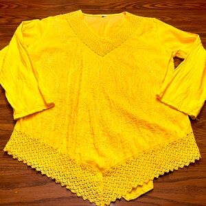NWOT Sunshine Yellow Top Embroidered & Crocheted Asymmetrical Front Long Sleeves
